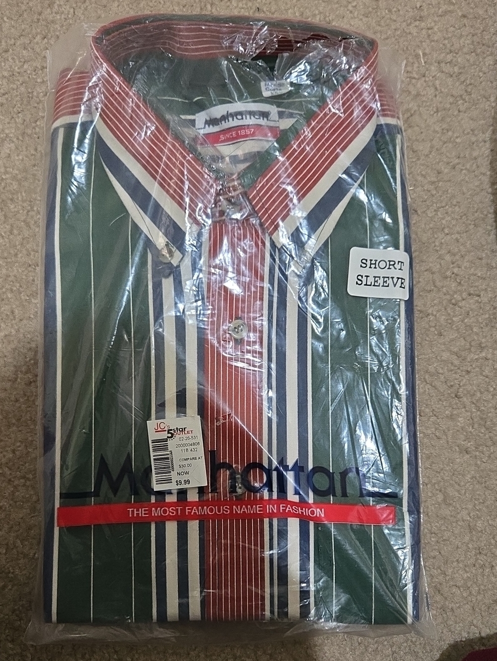 Manhattan Short Sleeve Striped Button-Down Shirt - Green & Red